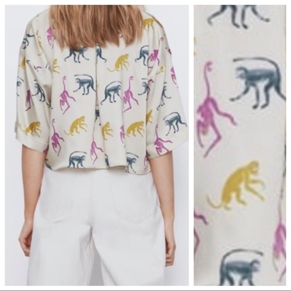 NWT. Zara Monkey Print Cropped Shirt Size XL, XXL. - Picture 2 of 6